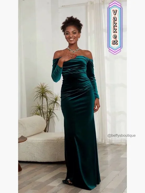 Long Sleeve Velvet Maxi Dress Off Shoulder Formal Evening Gown High Split - Picture 7 of 7